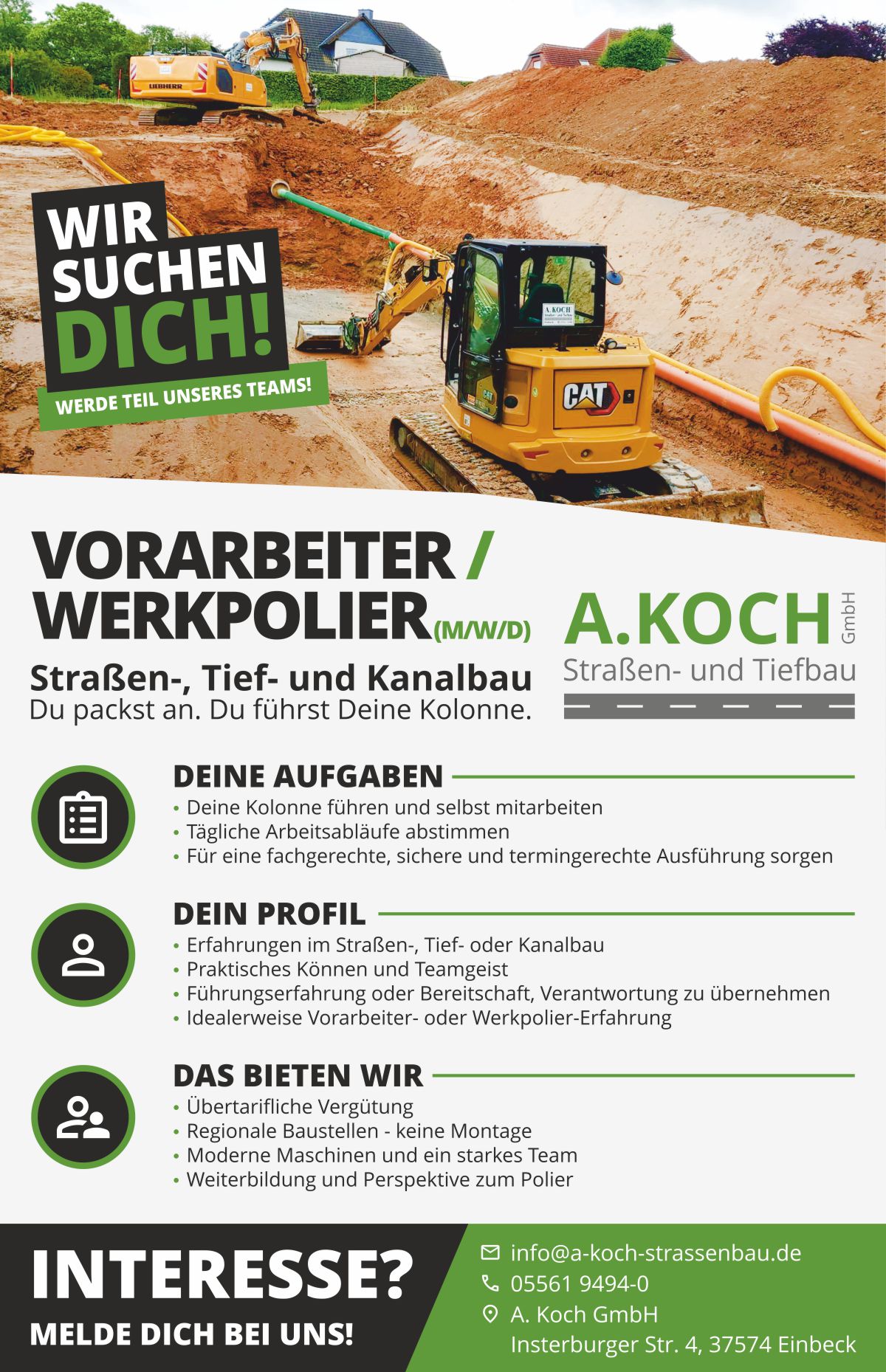 Stellenangebot: Vorarbeiter / Werkpolier (m/w/d) - A. Koch GmbH - Straßen- und Tiefbau - 37574 Einbeck